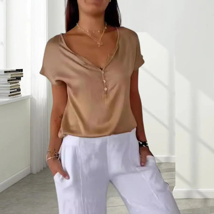 Dahlia | Elegant Off-Shoulder V-Neck Satin Top
