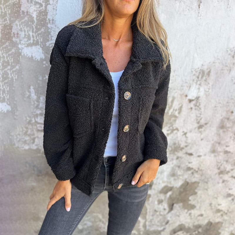 Katelyn | Stylish Button Up Teddy Sherpa Jacket Black