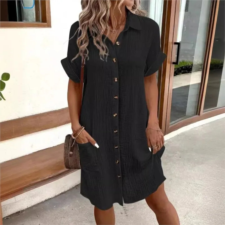 Carla | Chic White Button-Up Shirt Dress With Pockets
