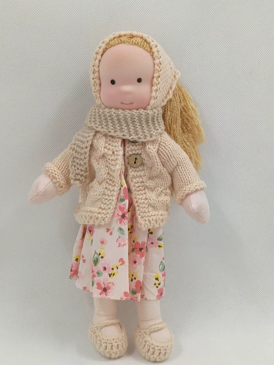 Elise | Handmade Waldorf Doll With Knitted Cardigan And Floral Dress