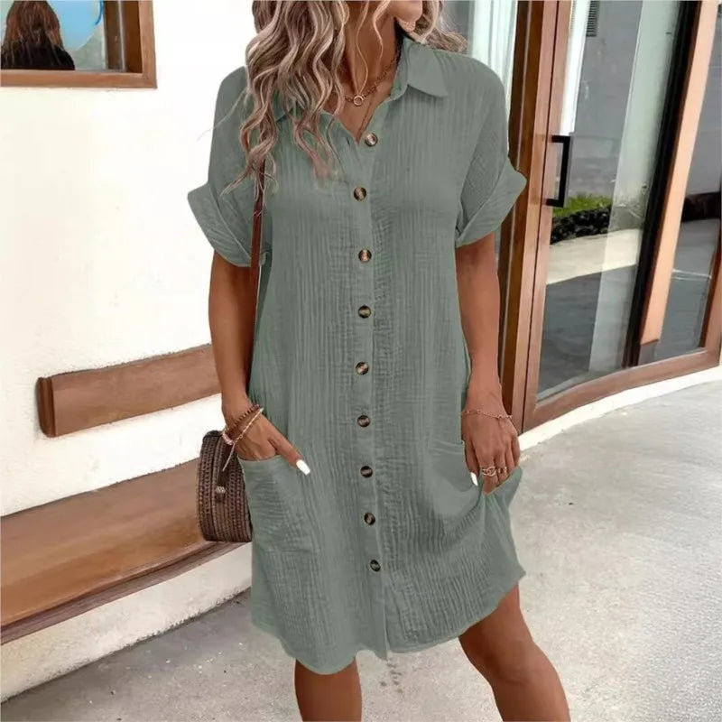 Carla | Chic White Button-Up Shirt Dress With Pockets