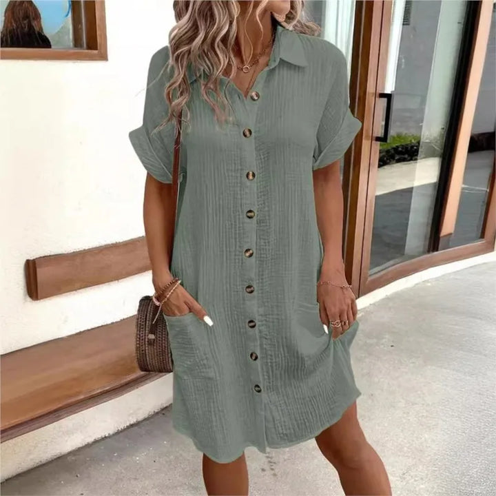 Carla | Chic White Button-Up Shirt Dress With Pockets