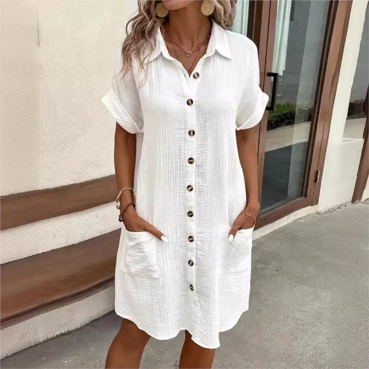 Carla | Chic White Button-Up Shirt Dress With Pockets