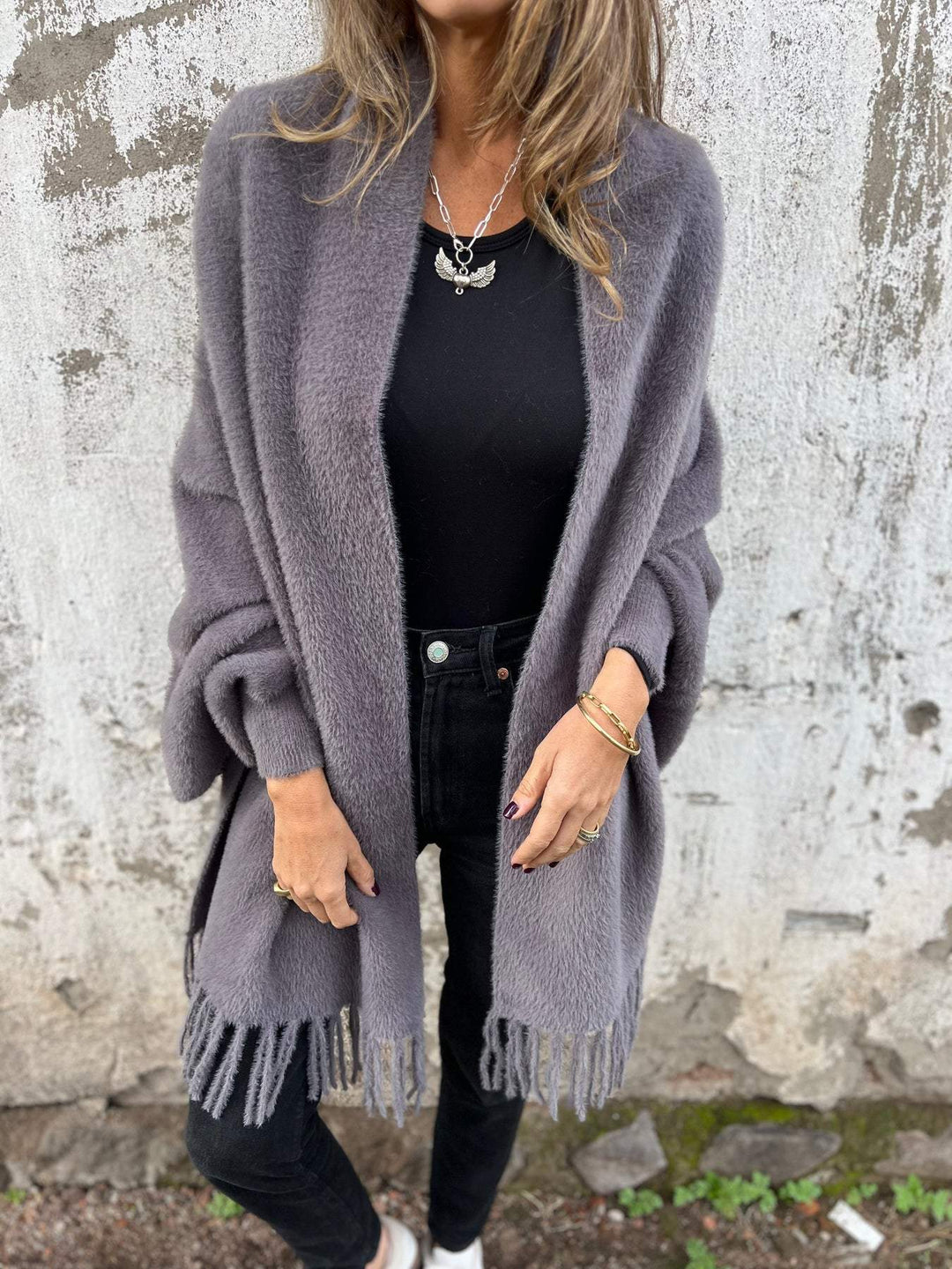 Farah | Chic Oversized Fuzzy Fringe Cardigan Women - Open Front