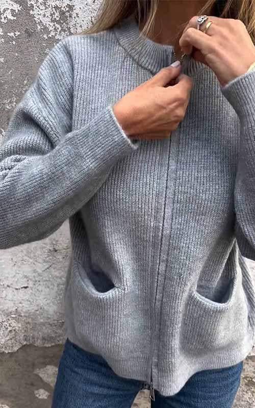 Sawyer | Stylish Zip-Up Knit Cardigan With Ribbed Collar
