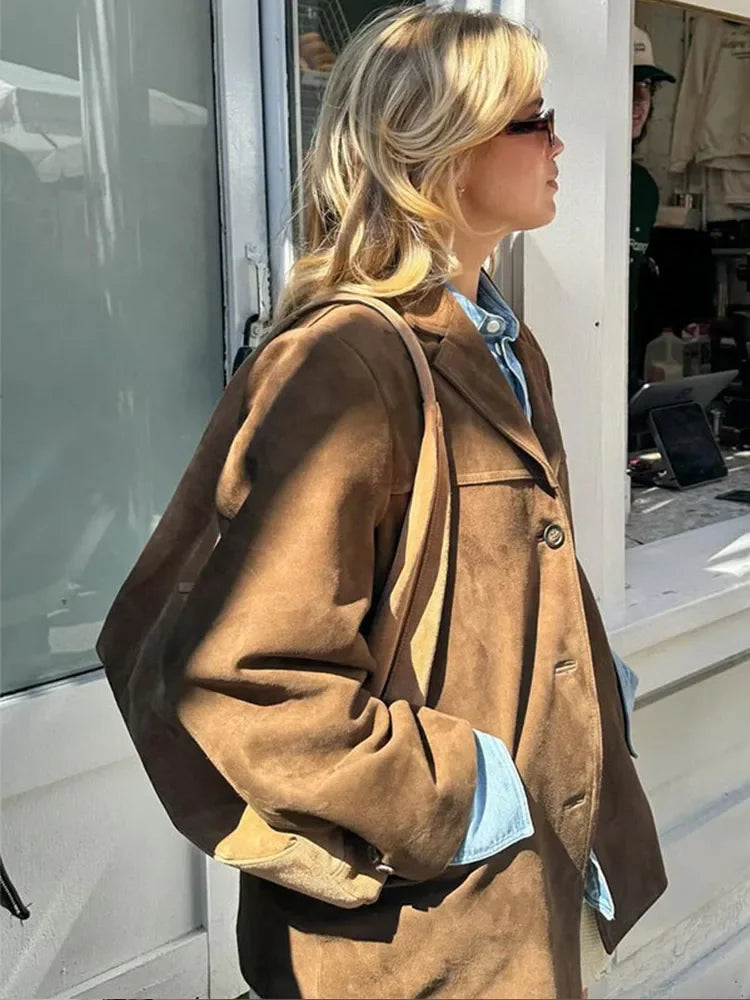 Celinda | Chic Brown Suede Blazer With Oversized Silhouette