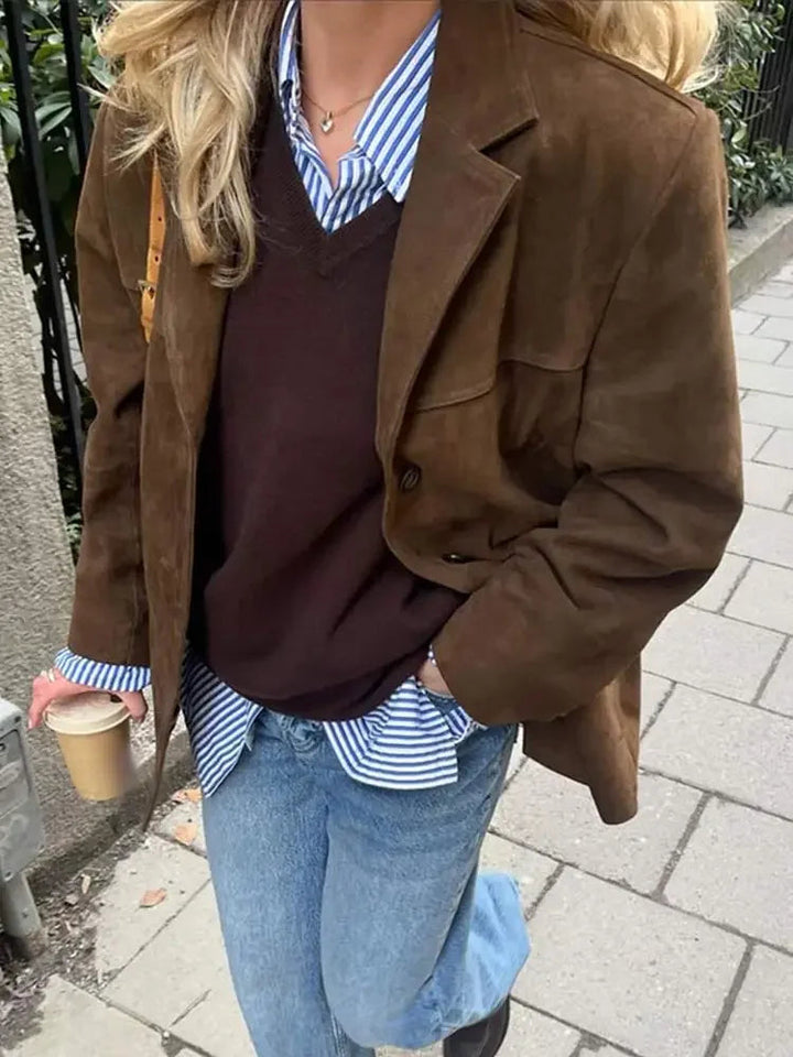 Celinda | Chic Brown Suede Blazer With Oversized Silhouette