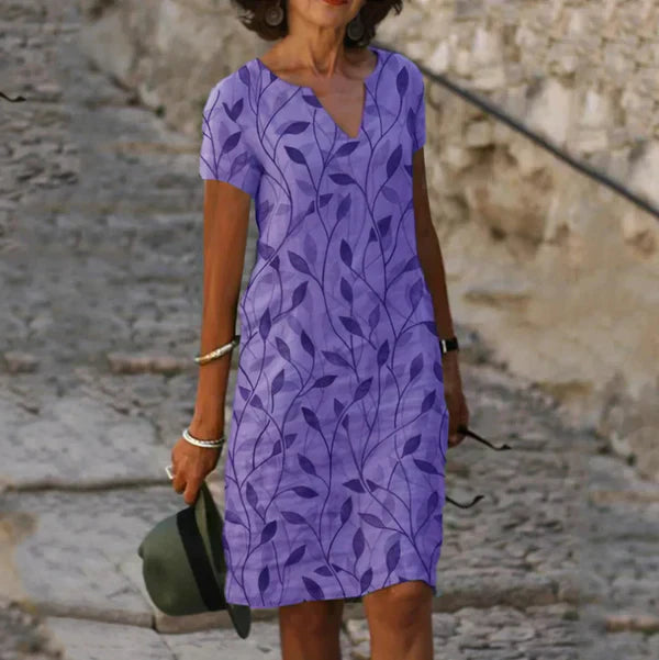 Abigail | Elegant V-Neck Leaf Print Midi Dress With Short Sleeves