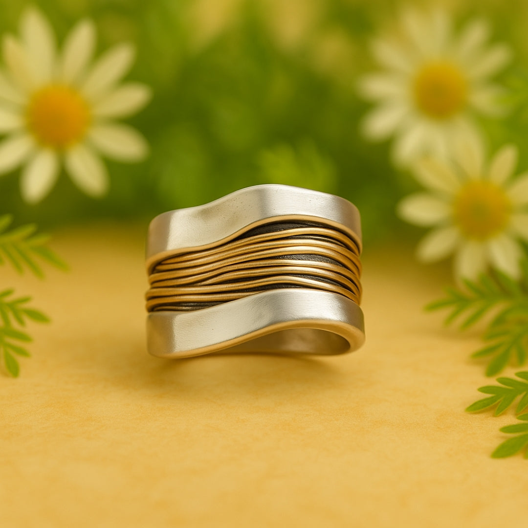 Serena | Elegant Silver Golden Wire Wrap Statement Ring