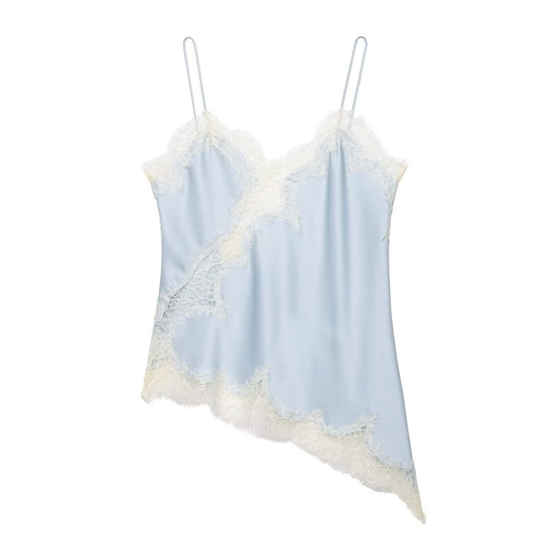Estelle | Elegant Asymmetric Lace Trim Silk Cami Top