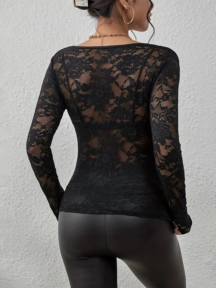 Angelica | Elegant Black Lace V-Neck Long Sleeve Top Women
