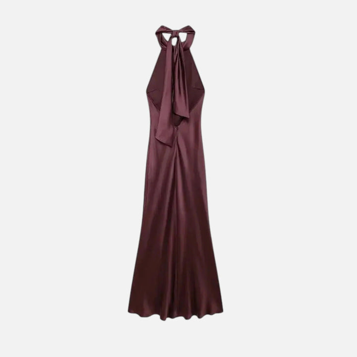 Meredith | Elegant Black Satin Halter Neck Maxi Dress