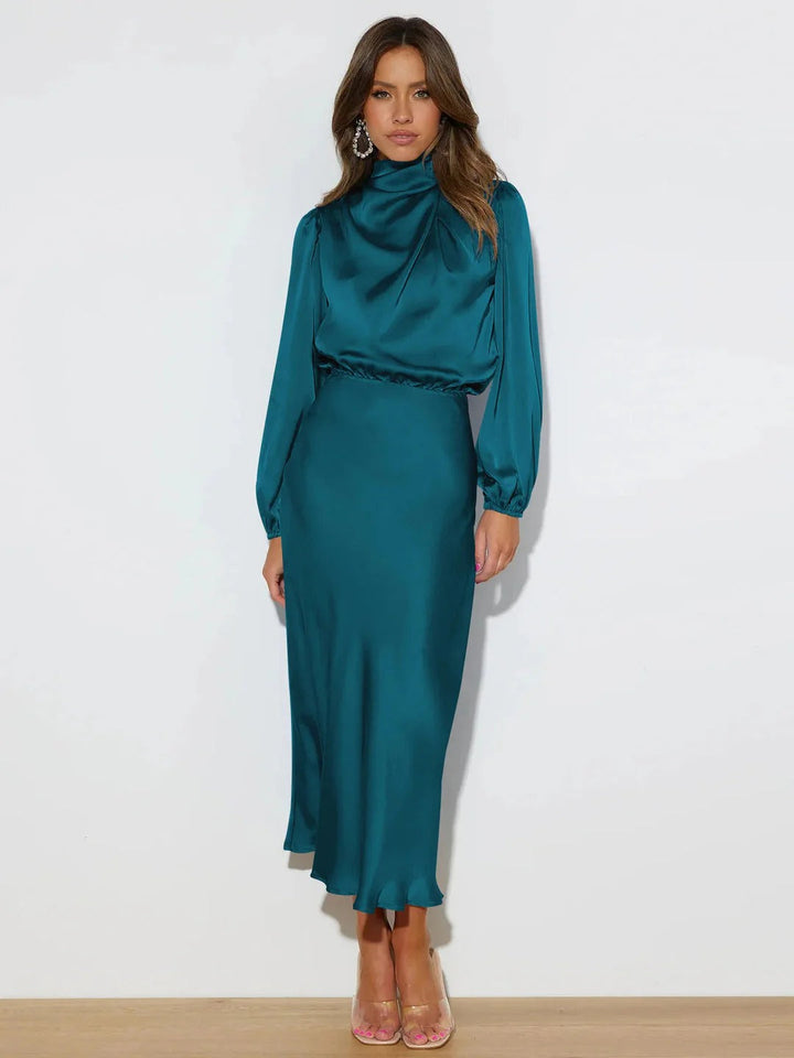 Tamara | Elegant Satin Draped High Neck Long Sleeve Midi Dress