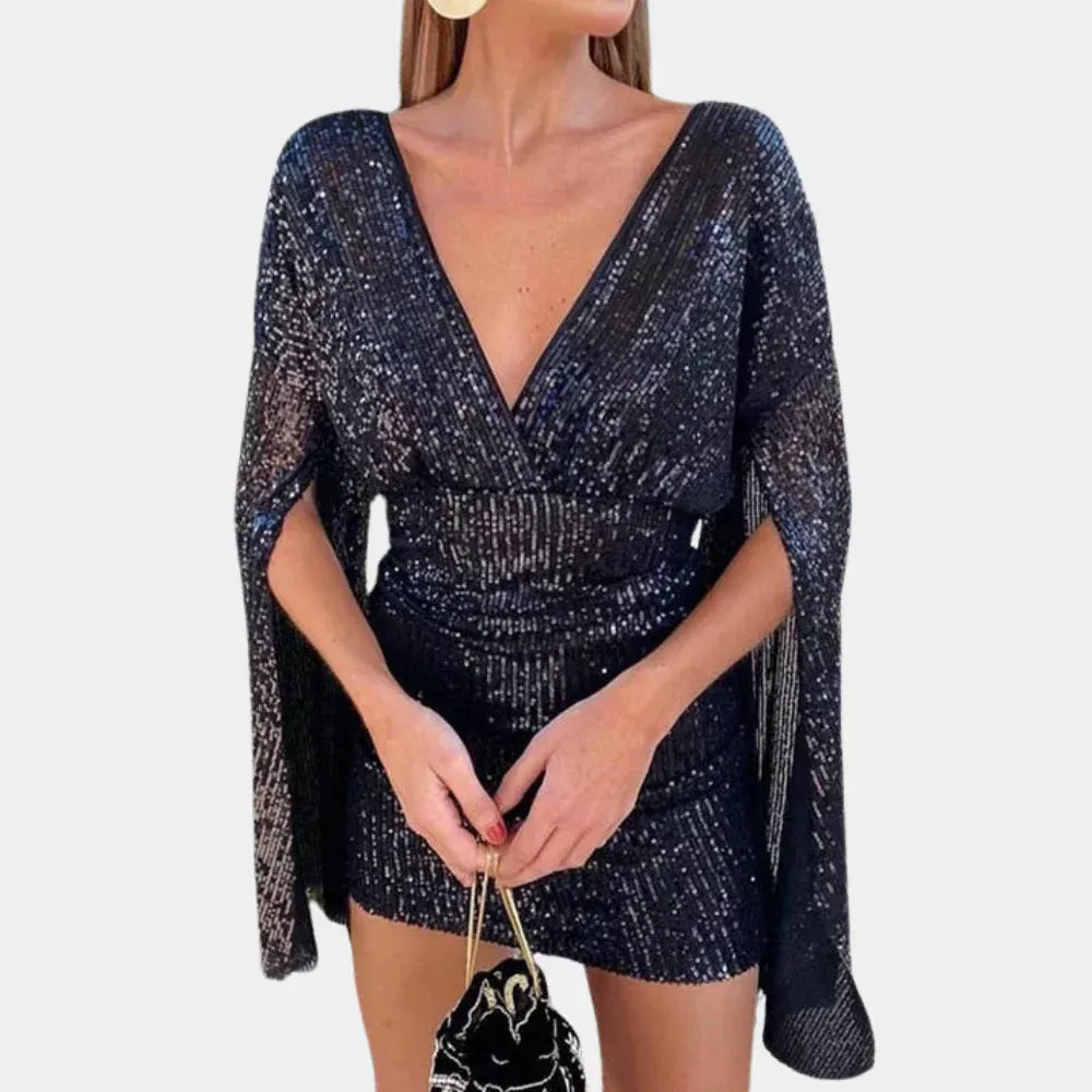 Rayna | Chic Sequin V-Neck Cape Sleeve Mini Party Dress