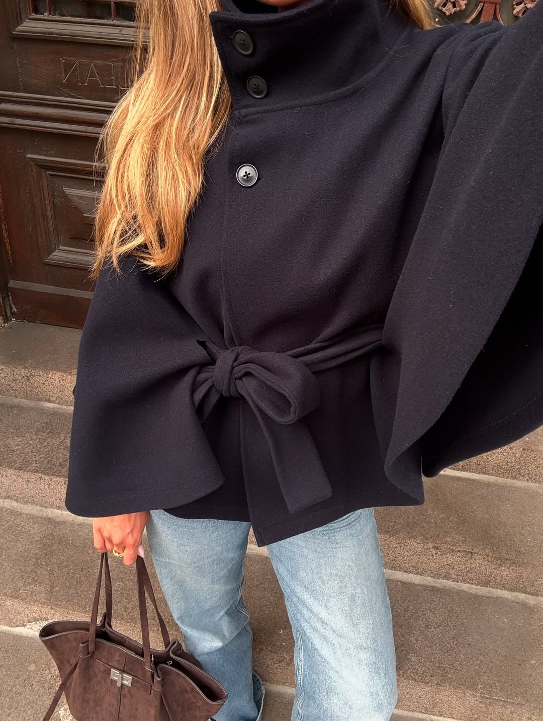 Juniper | Elegant Wool Blend Cape Coat With Belt - Navy