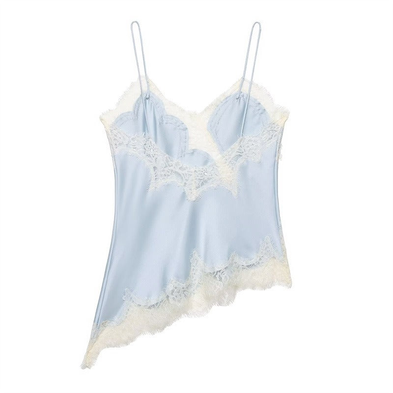 Estelle | Elegant Asymmetric Lace Trim Silk Cami Top