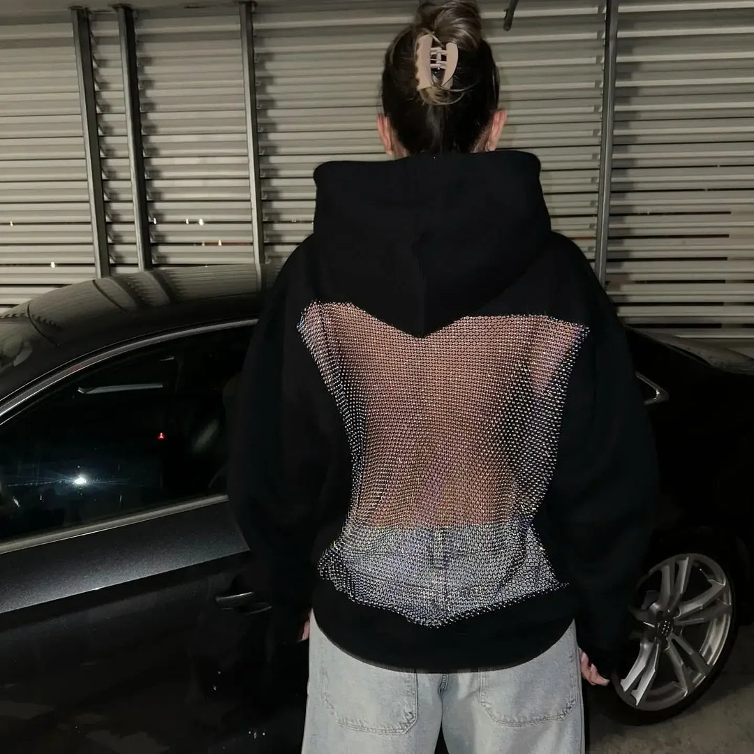 Addison | Chic Oversized Mesh Back Net Panel Hoodie Women
