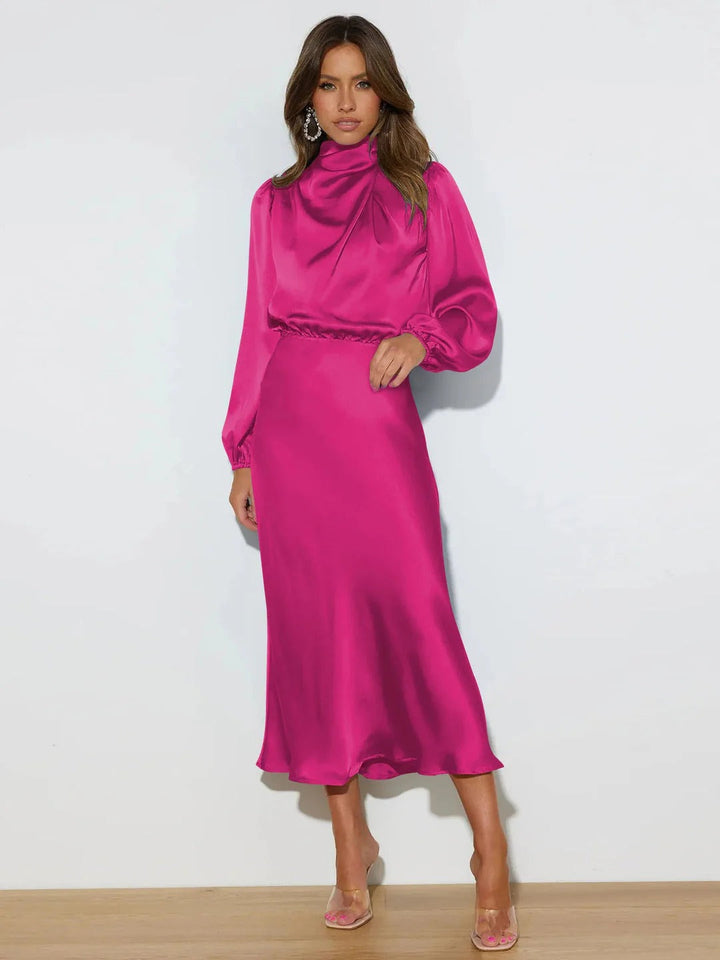 Tamara | Elegant Satin Draped High Neck Long Sleeve Midi Dress