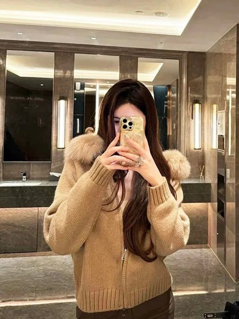 Juniper | Stylish Knit Zip-Up Cardigan With Faux Fur Hood