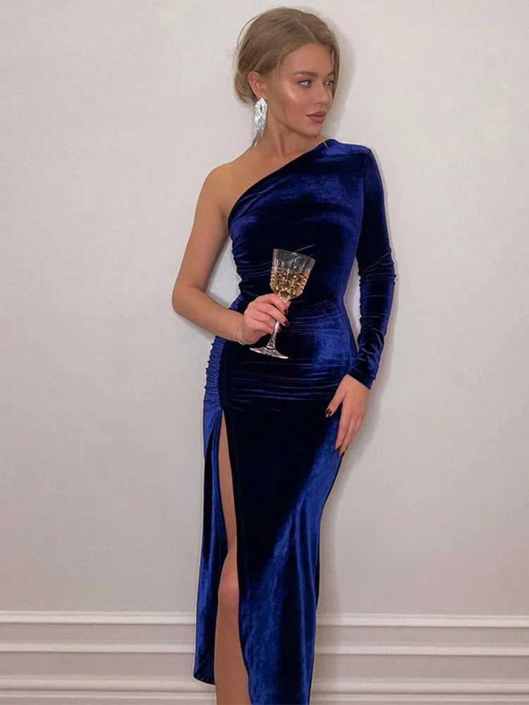 Patience | Chic One Shoulder Ruched Velvet Mini Dress