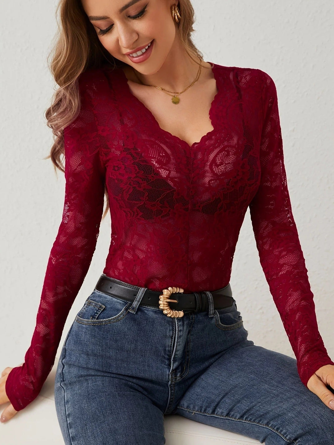 Angelica | Elegant Black Lace V-Neck Long Sleeve Top Women
