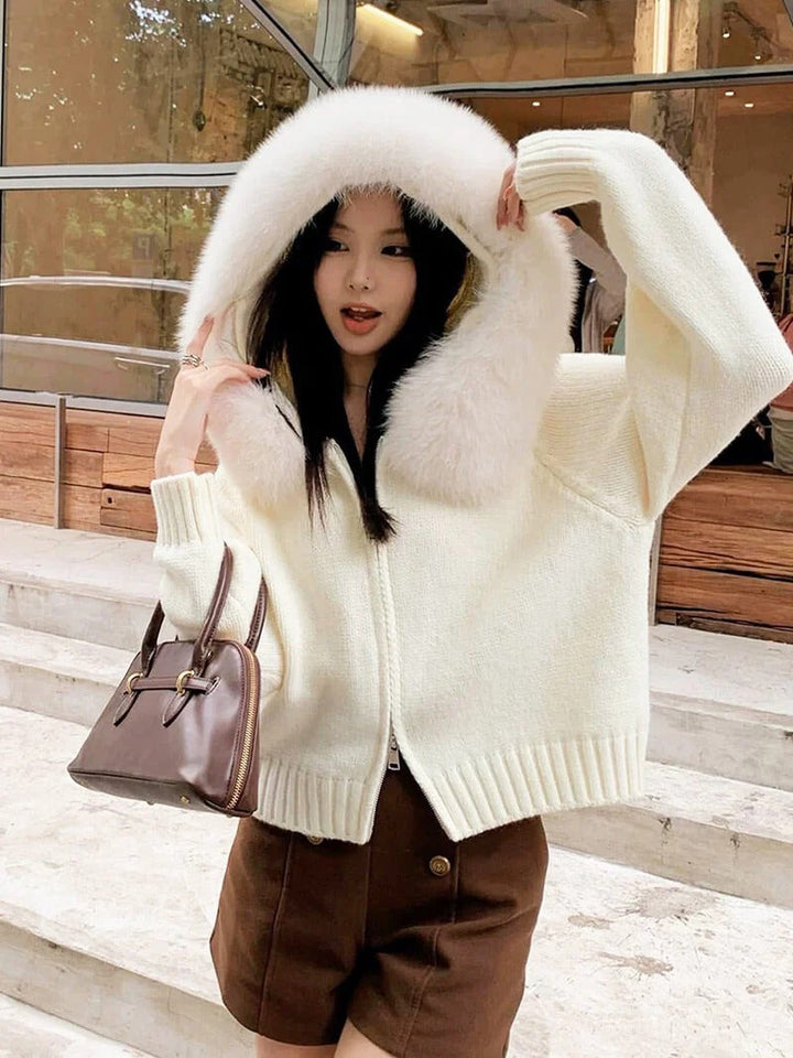 Juniper | Stylish Knit Zip-Up Cardigan With Faux Fur Hood