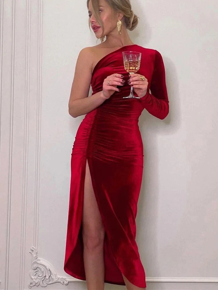 Patience | Chic One Shoulder Ruched Velvet Mini Dress