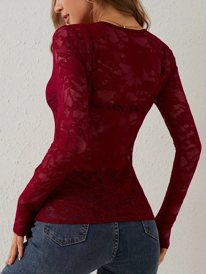 Angelica | Elegant Black Lace V-Neck Long Sleeve Top Women