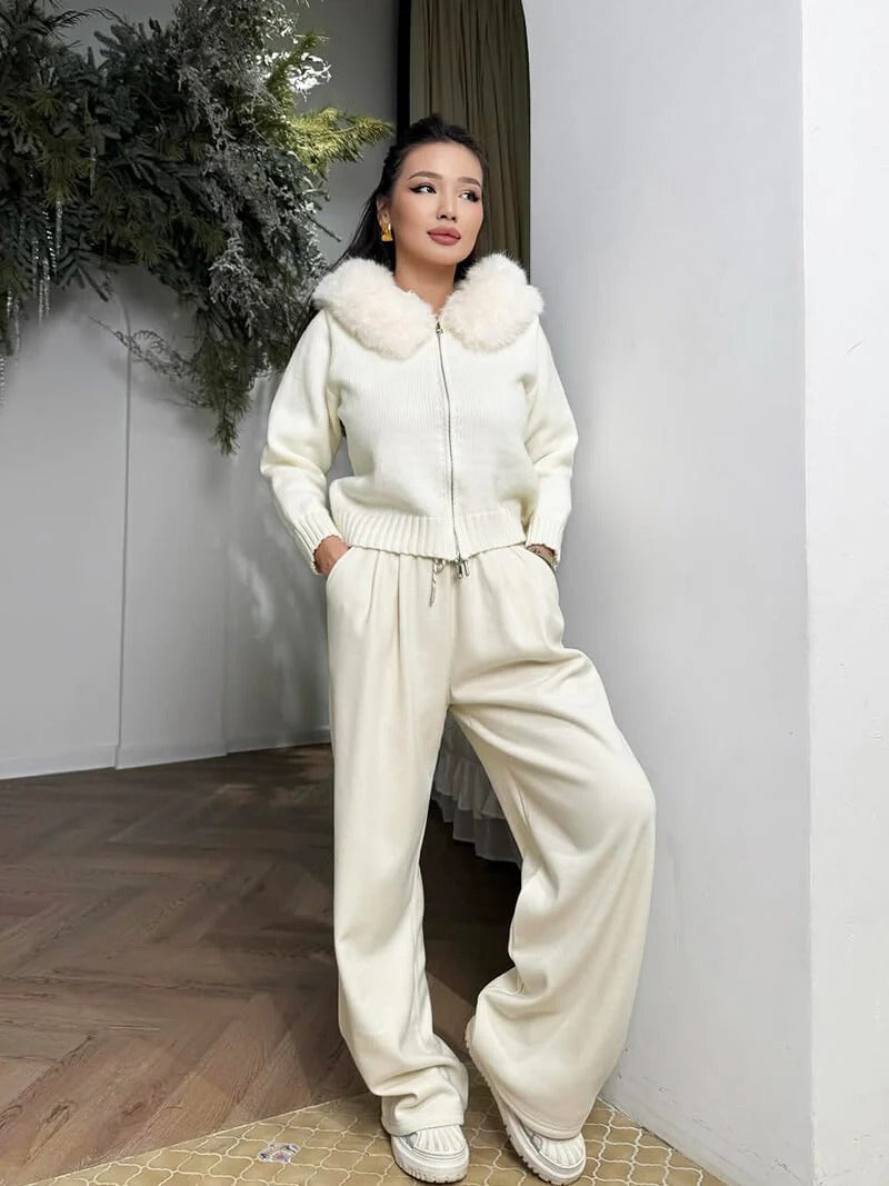 Juniper | Stylish Knit Zip-Up Cardigan With Faux Fur Hood