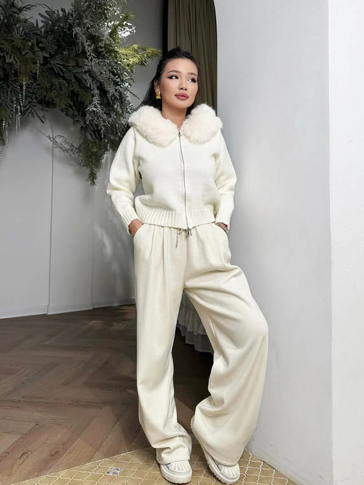 Juniper | Stylish Knit Zip-Up Cardigan With Faux Fur Hood