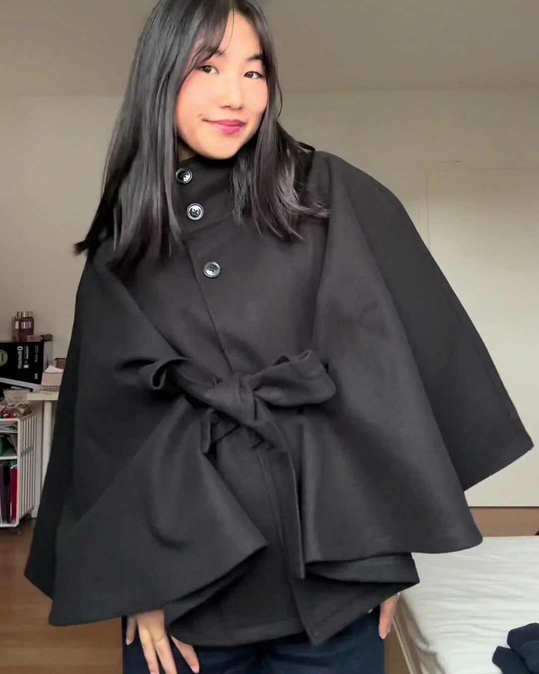 Juniper | Elegant Wool Blend Cape Coat With Belt - Navy