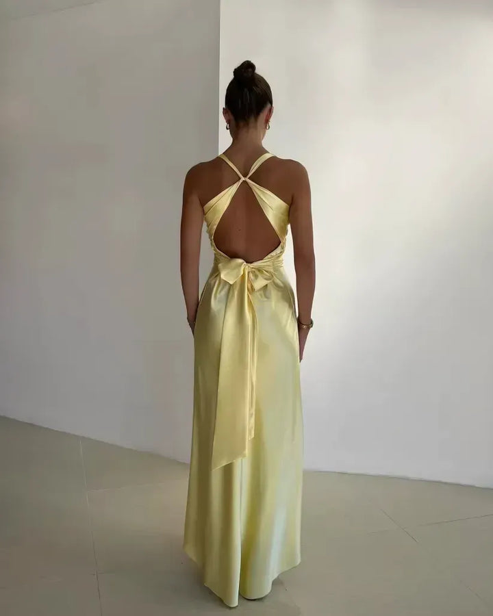 Camila | Elegant Satin V-Neck Halter Maxi Dress