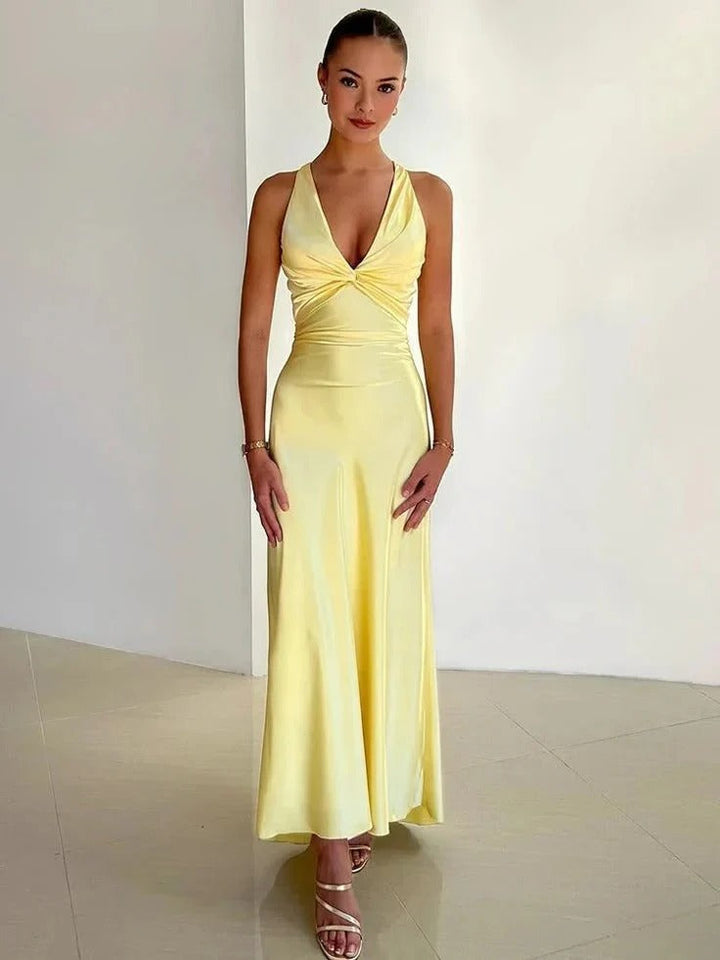 Camila | Elegant Satin V-Neck Halter Maxi Dress
