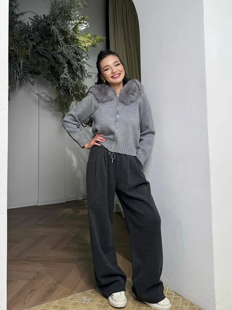 Juniper | Stylish Knit Zip-Up Cardigan With Faux Fur Hood