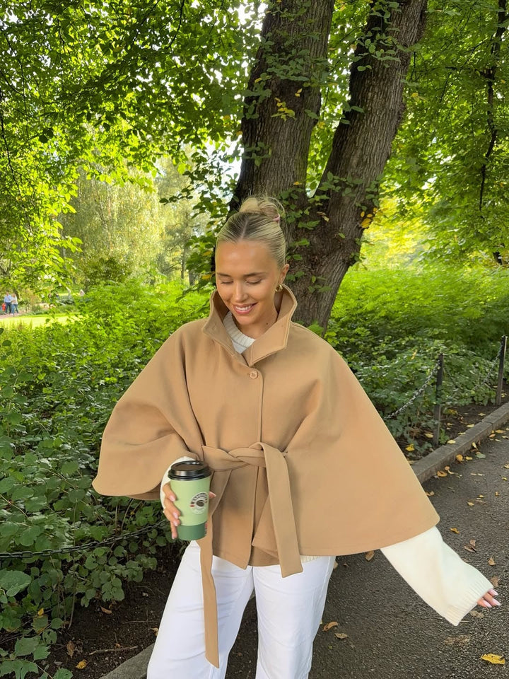 Juniper | Elegant Wool Blend Cape Coat With Belt - Navy