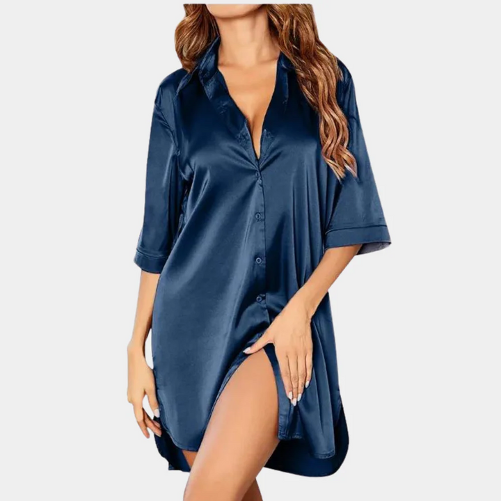 Cordelia | Elegant Black Satin Button Down Shirt Dress