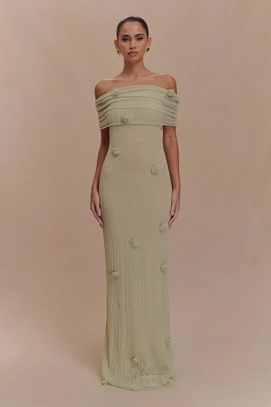 Cordelia | Elegant Off-Shoulder Knit Maxi Dress With Floral Details