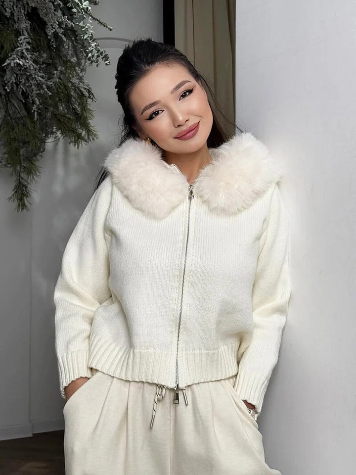 Juniper | Stylish Knit Zip-Up Cardigan With Faux Fur Hood