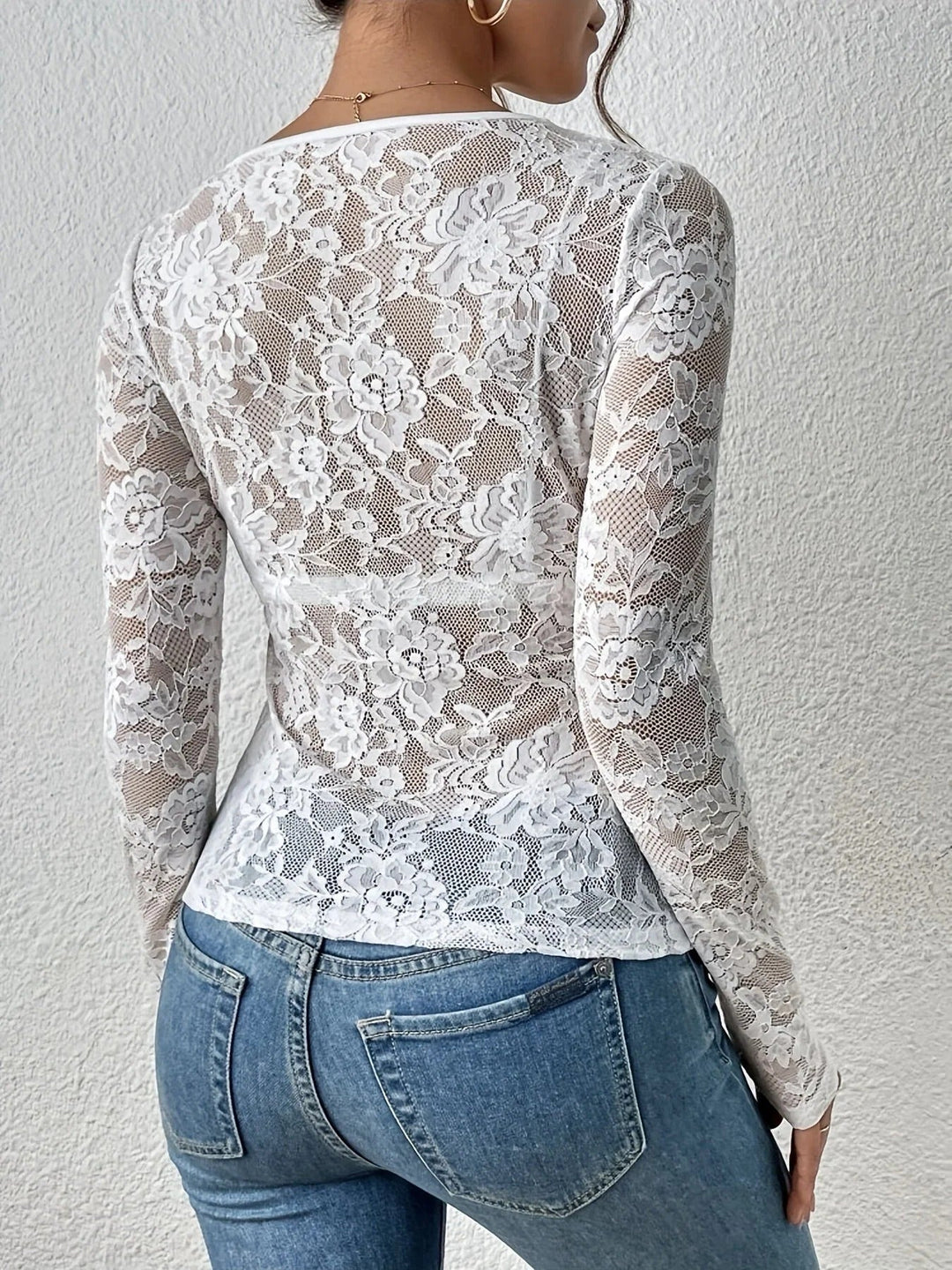 Angelica | Elegant Black Lace V-Neck Long Sleeve Top Women