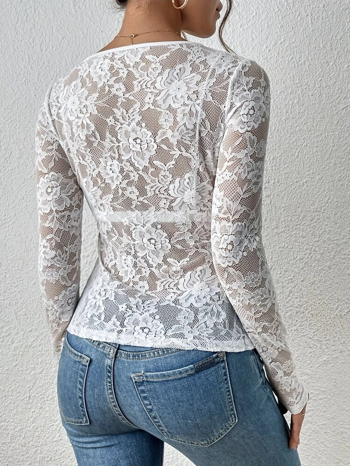 Angelica | Elegant Black Lace V-Neck Long Sleeve Top Women