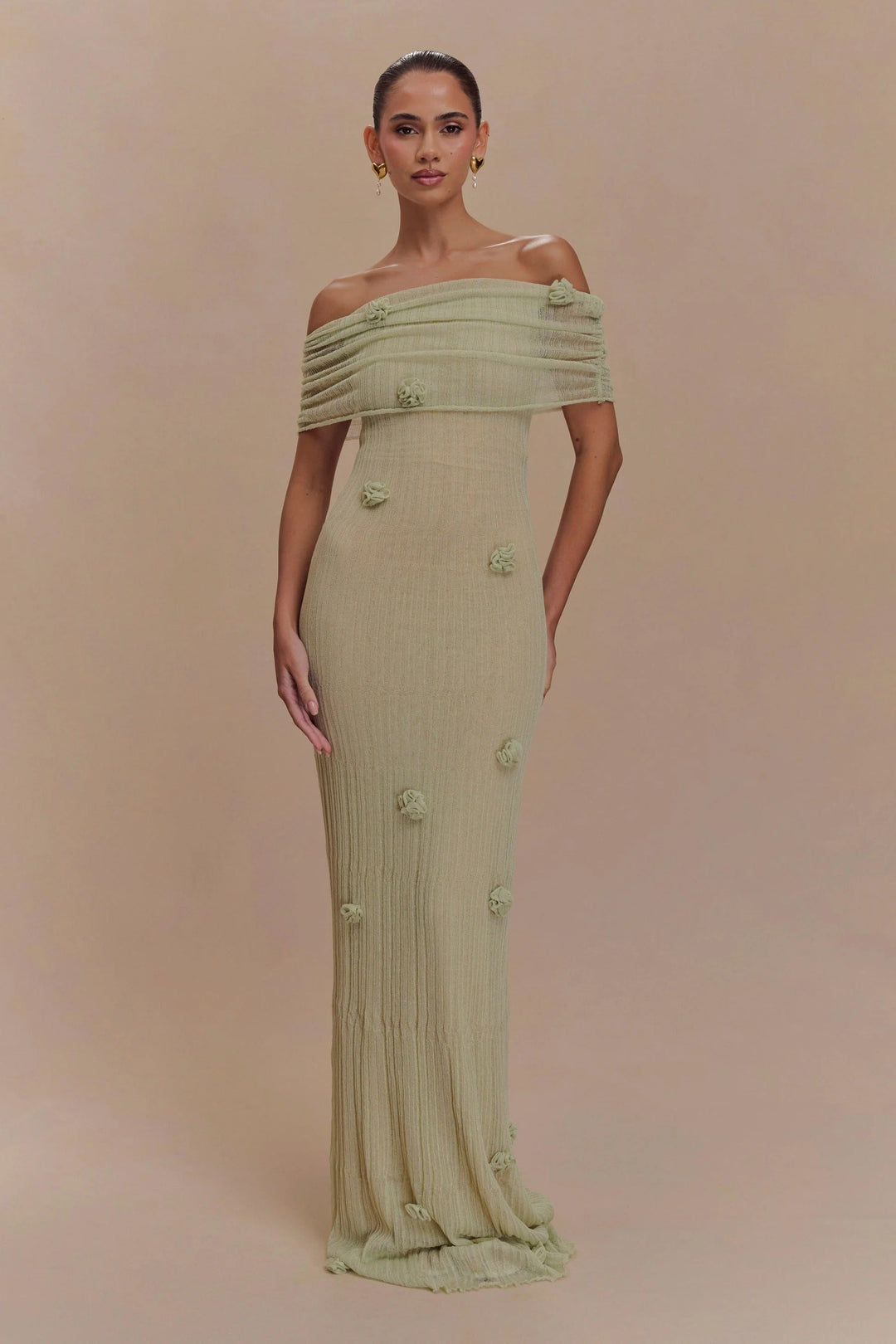 Cordelia | Elegant Off-Shoulder Knit Maxi Dress With Floral Details