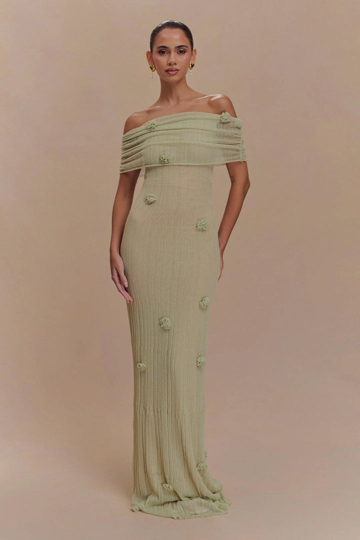 Cordelia | Elegant Off-Shoulder Knit Maxi Dress With Floral Details
