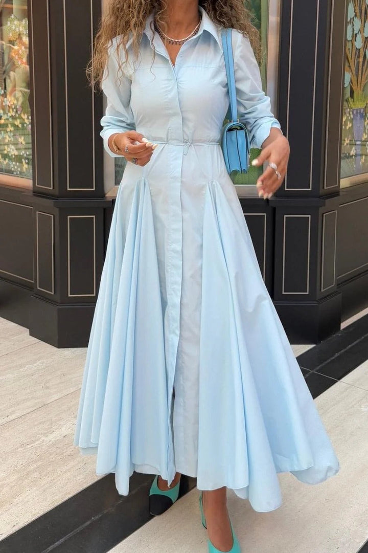 Corinne | Elegant Light Blue Button-Up Maxi Shirt Dress