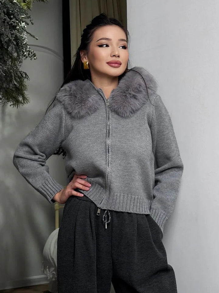 Juniper | Stylish Knit Zip-Up Cardigan With Faux Fur Hood