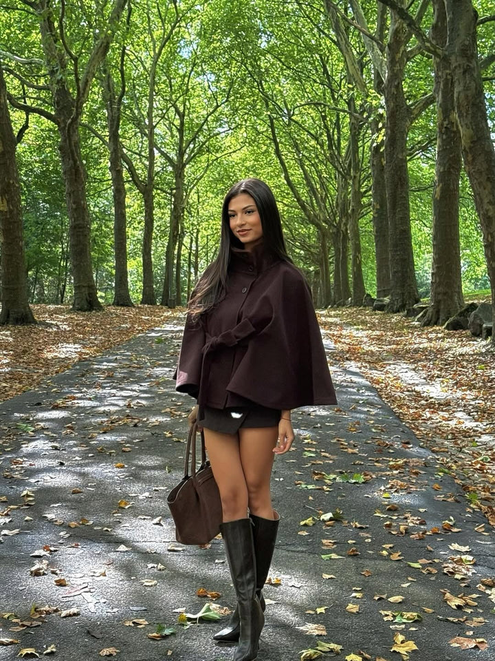Juniper | Elegant Wool Blend Cape Coat With Belt - Navy