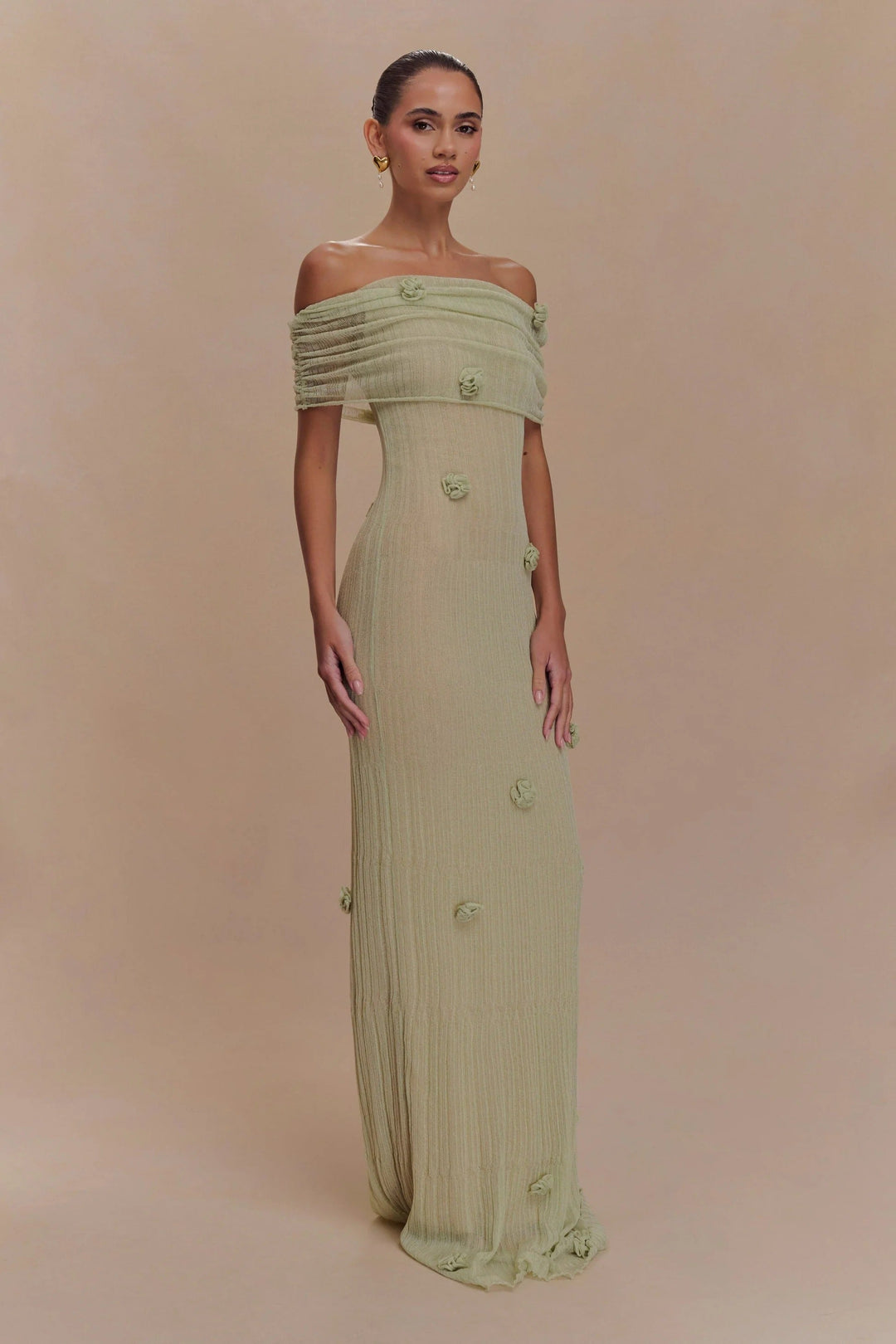 Cordelia | Elegant Off-Shoulder Knit Maxi Dress With Floral Details
