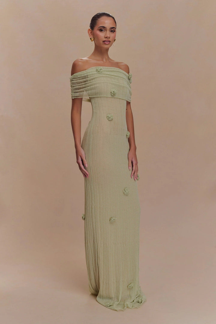 Cordelia | Elegant Off-Shoulder Knit Maxi Dress With Floral Details