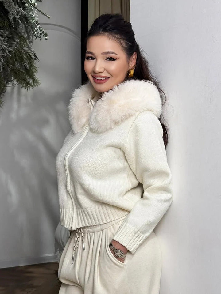 Juniper | Stylish Knit Zip-Up Cardigan With Faux Fur Hood