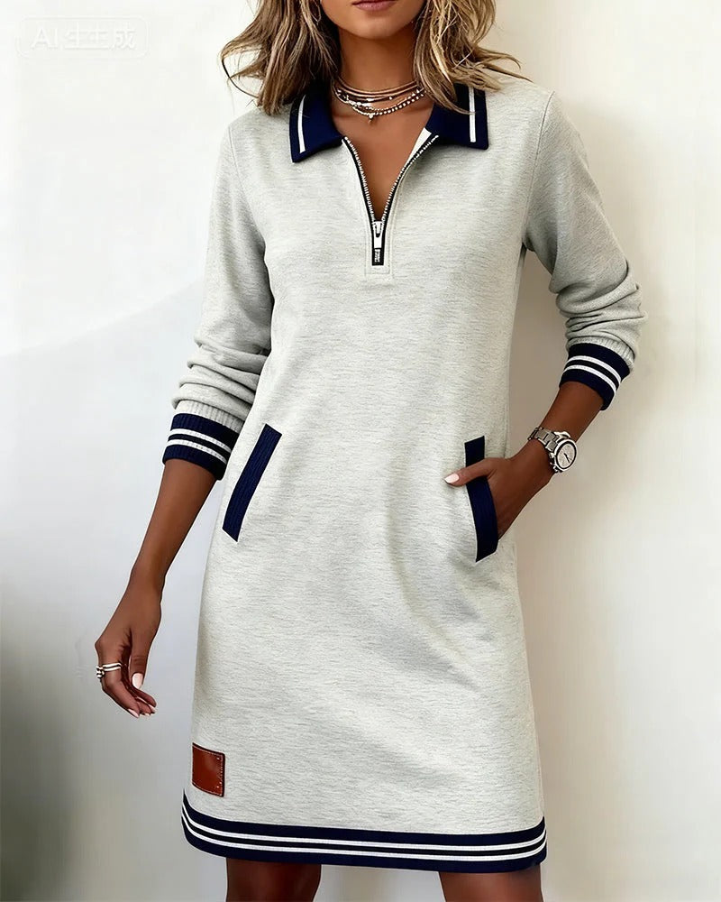 Wren | Chic Navy Zip-Front Mini Dress With Athletic Trim Details