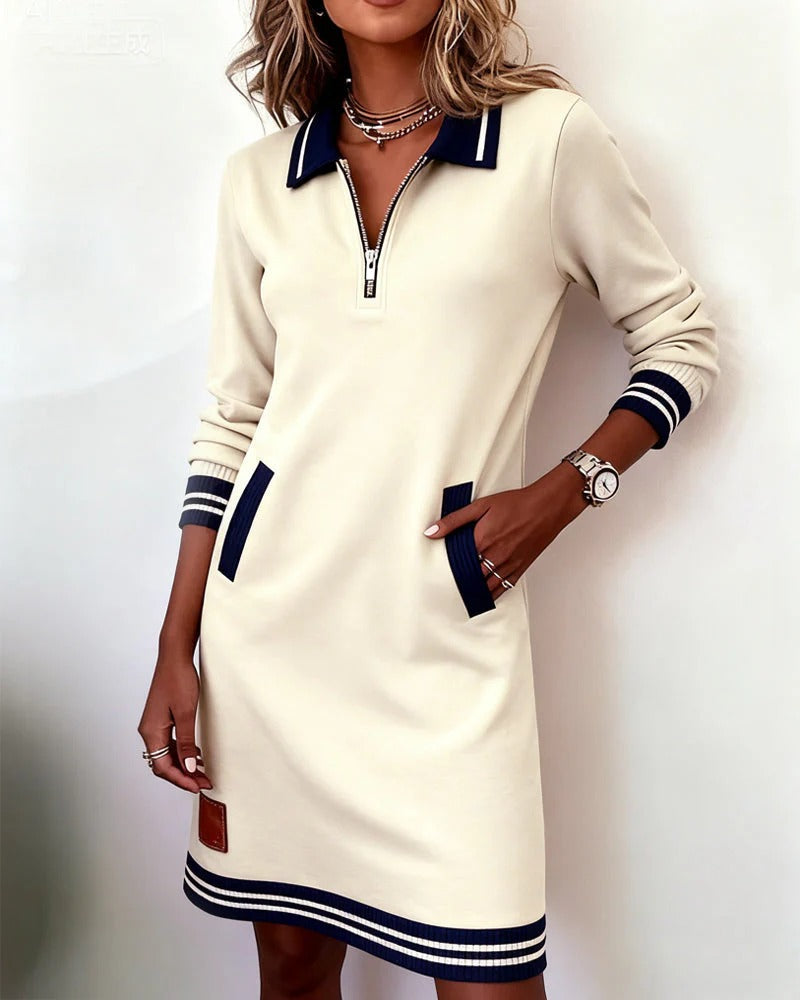 Wren | Chic Navy Zip-Front Mini Dress With Athletic Trim Details